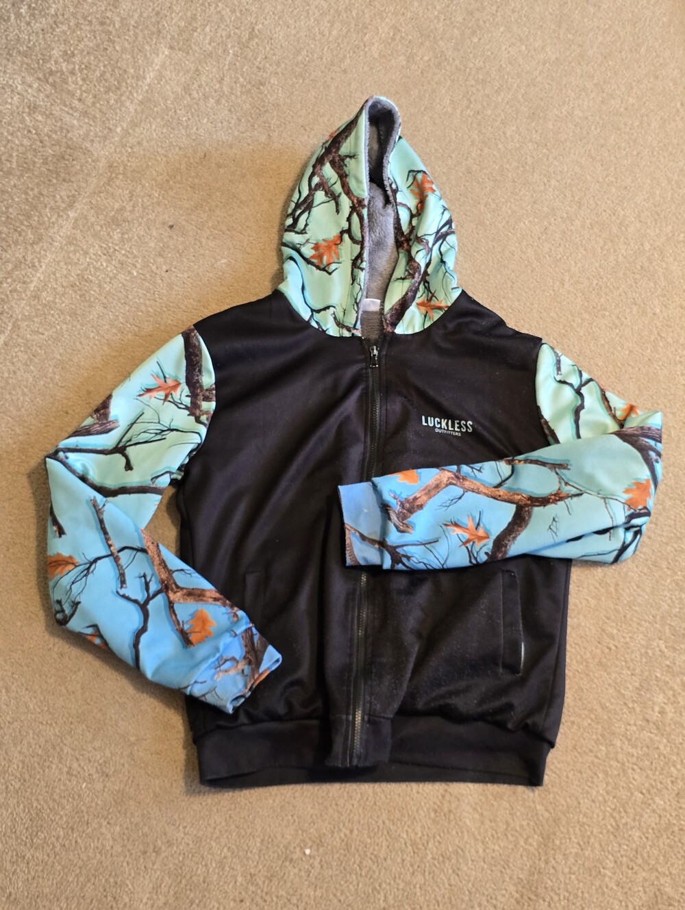 Luckless Black Hoodie with Turquoise Camouflage Branch Print